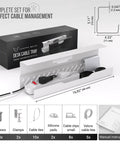No Drill Cable Management Tray For Desks White Metal Wire Organizer with accessories and dimensions shown, ideal for cord organization.