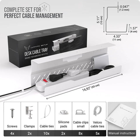 No Drill Cable Management Tray For Desks White Metal Wire Organizer with accessories and dimensions shown, ideal for cord organization.