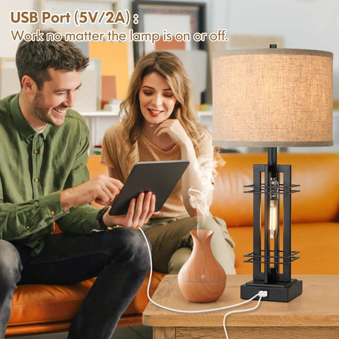 Farmhouse Style Twin Table Lamp With USB Ports For Bedroom And Living Room 27 And A Half Inch Tall Reading Lamp Cream Fabric Shade