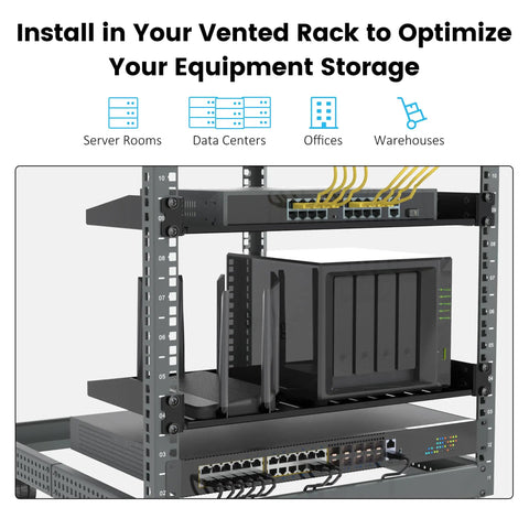 Rock Solid 1U Server Rack Shelves 2 Pack Heavy Duty 19 Inch Vented Cantilever Trays for organized network gear in rack