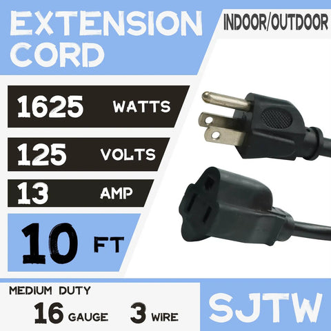 Heavy Duty Outdoor Extension Cord Waterproof 10 Feet Black 3 Prong Grounded Plug 16 Awg 13 Amp Weather Proof Power Cable For Lawn Yard Tools Lamps And Home Appliances Built Like A Tank with plug details.