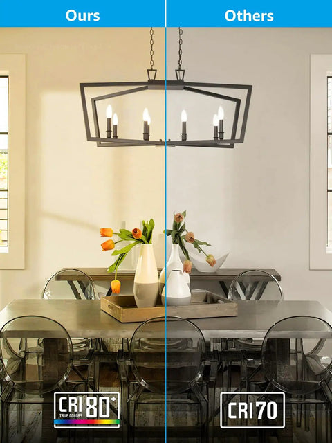 Comparison of chandeliers with Dimmable E12 LED Filament Candelabra Bulb 60W Equivalent showcasing CRI 80 vs CRI 70 lighting.