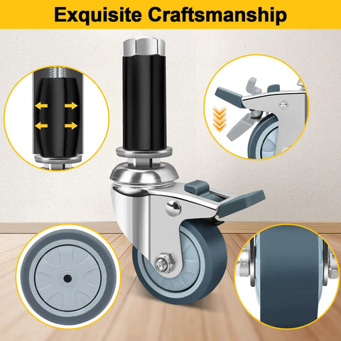 Heavy Duty 4 Inch Caster Wheels Set Of 4 With Expanding Stem And Locking Brakes close-up and detailed features