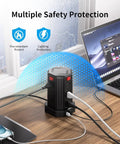 All In One Desktop Charging Station With Twelve Outlet Tower Six And A Half Foot Extension Cord Four USB Ports One USB C And Three USB A For Home Office Dorm Setup Boss Level Power Hub For Any Desk Space on desk with laptop and phone