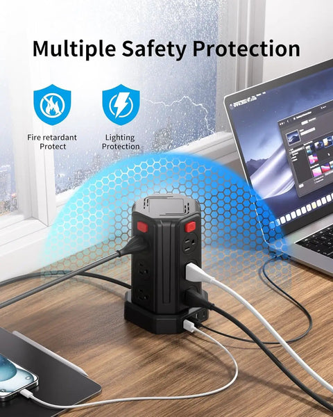 All In One Desktop Charging Station With Twelve Outlet Tower Six And A Half Foot Extension Cord Four USB Ports One USB C And Three USB A For Home Office Dorm Setup Boss Level Power Hub For Any Desk Space on desk with laptop and phone