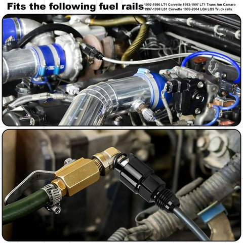 6AN Fuel Adapter 3/8 Inch And 5/16 Inch Quick Connect EFI Fuel Rail Fittings Aluminum Male To Female Adapters installed in engine