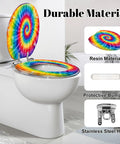 Elongated Tie Dye Aquarelle Print Tie Dye Spiral Rainbow Toilet Seat with resin material and protective bumpers on a toilet.