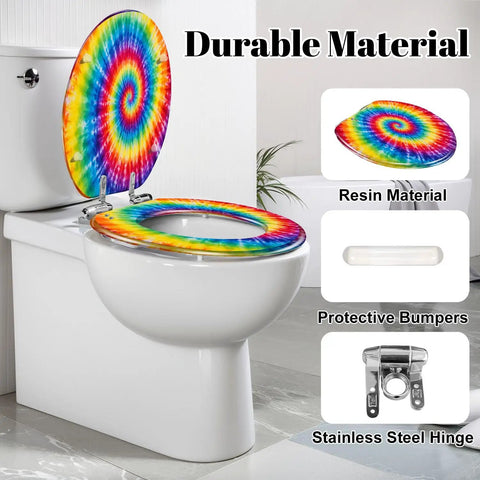 Elongated Tie Dye Aquarelle Print Tie Dye Spiral Rainbow Toilet Seat with resin material and protective bumpers on a toilet.