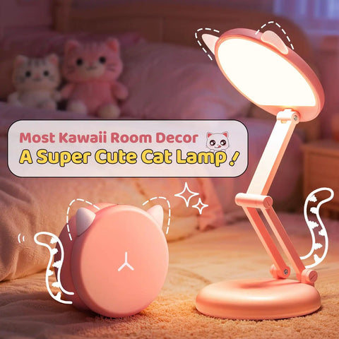 Pink Foldable Desk Lamp For Dorm Rooms And College Girls Rechargeable And Dimmable Portable Cat Lamp Kawaii Cute Nightstand Light
