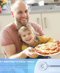 Father and child holding a pizza with a graphic of 8 Inch Pizza Turning Peel With Long Handle Spinner in the corner.