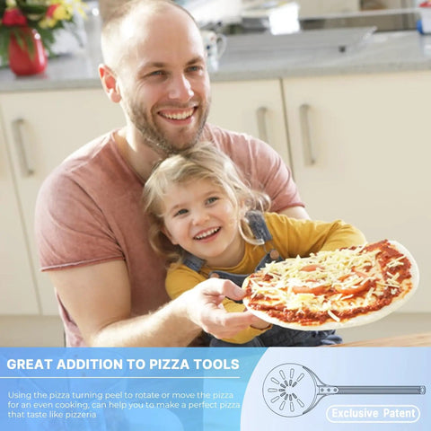 Father and child holding a pizza with a graphic of 8 Inch Pizza Turning Peel With Long Handle Spinner in the corner.