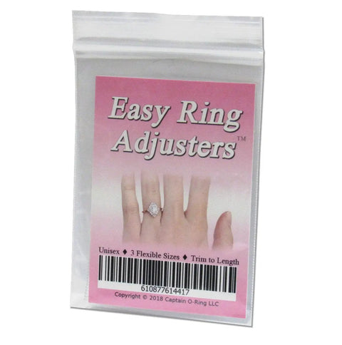 Packaging for Invisible Silicone Ring Sizers Kit With Three Universal Sizes For Quick Resize In Under 30 Seconds No Fuss Easy Reusable Unisex Resizer For Loose Rings That Fit Women And Men.