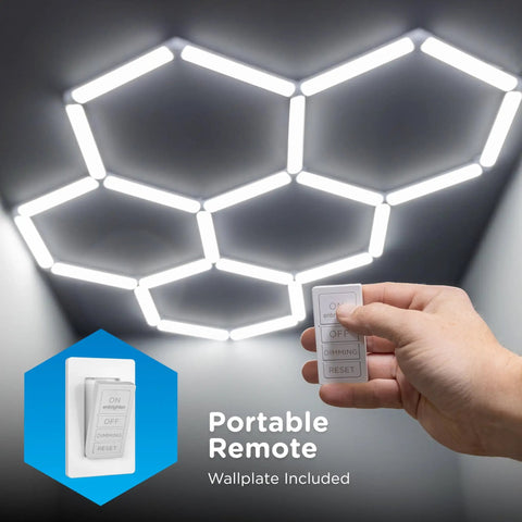 Hexagon LED Garage Lighting Kit With 24 LED Light Bars, 24,000 Lumens, 5 Hex Panels, Dimmable With Remote, ceiling view