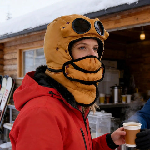 Winter Hat With Thermal Barrier And Fleece Lining, Insulated Bonnet With Detachable Eye Shield, Bold Yellow, worn by person outdoors