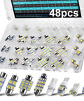 Loaded 48 Piece LED Interior Car Lights Kit With Premium Bright White Bulbs organized in a transparent case with various sockets