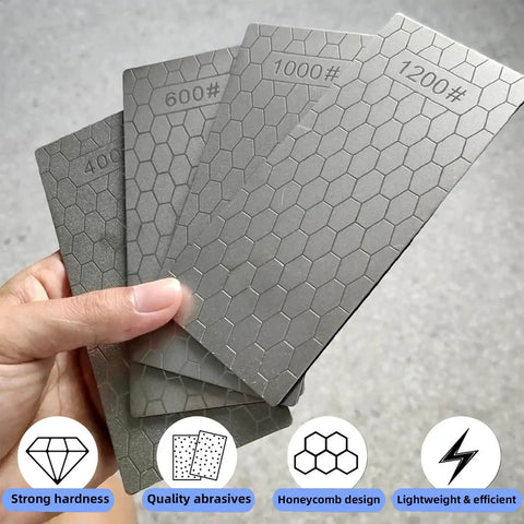 Four diamond plates from the All In One Diamond Sharpening Kit With Honeycomb Surface And Non Slip Base Pro Grade Nine Grit Range 240 To 3000
