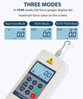 500N Digital Force Gauge Push Pull Meter With USB Output Real Time Data Streaming 999 Peak Data Storage Free Software For Easy Stats And Analysis High Precision Load Tester For Lab And Workshop Field Ready Gear showing three modes and hook