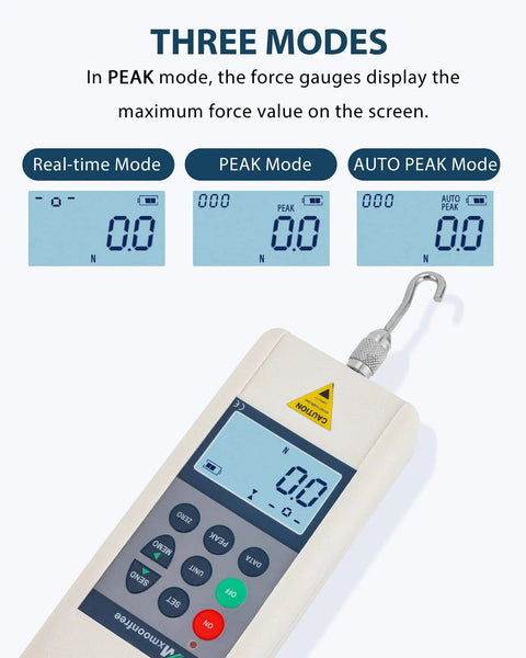 500N Digital Force Gauge Push Pull Meter With USB Output Real Time Data Streaming 999 Peak Data Storage Free Software For Easy Stats And Analysis High Precision Load Tester For Lab And Workshop Field Ready Gear showing three modes and hook