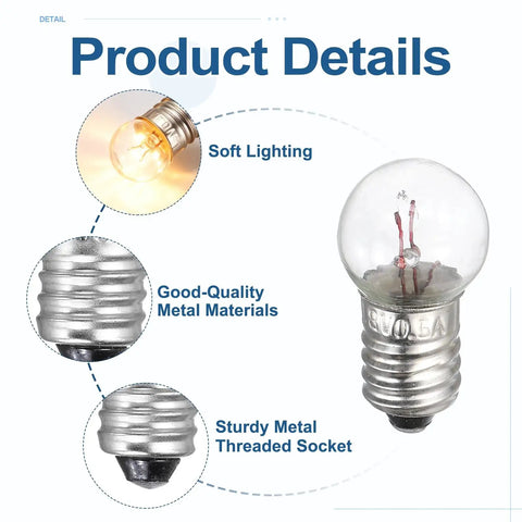 Twelve Piece Pack E10 Miniature Screw Base Light Bulbs 4.8 Volt 2.4 Watt Warm Yellow Glow with soft light and sturdy metal base.