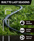 120 Pack Landscape Staples 6 Inch 11 Gauge Galvanized Ground Anchors securing a hose in grass