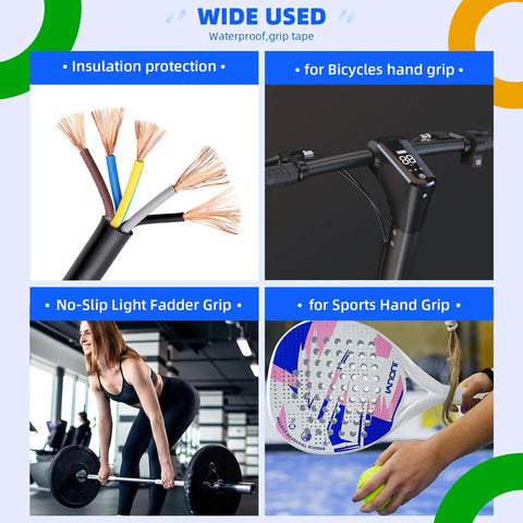 Self Fusing Silicone Tape 1 Inch Wide By 10 Feet Long Pack Of 2 Rolls Waterproof Leak Seal Tape For Pipes Hoses Cables And Electrical Insulation Durable Rubber Grip Tape For Quick Home Repairs Budget Friendly, shown with insulation cables, bicycle handle, gym equipment, and sports hand grip.
