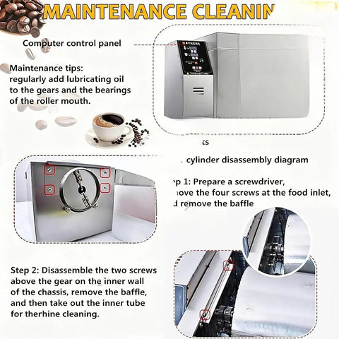 Maintenance tips for Heavy Hitter Electric Coffee Roaster With Snappy Heat Stainless Steel Chamber, showing control panel and disassembly steps.