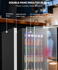 126 Can Beverage Refrigerator Cooler With Glass Door Mini Fridge For Home Bar Or Office That Hauls Beer Wine And Sodas Three Point Two Cubic Feet Of Chill Adjustable Removable Shelves In Eight Slots Black showing UV-resistant tempered glass and stainless steel design.