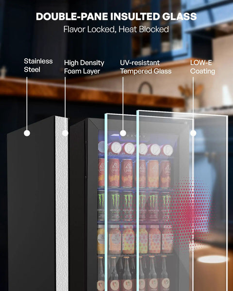 126 Can Beverage Refrigerator Cooler With Glass Door Mini Fridge For Home Bar Or Office That Hauls Beer Wine And Sodas Three Point Two Cubic Feet Of Chill Adjustable Removable Shelves In Eight Slots Black showing UV-resistant tempered glass and stainless steel design.