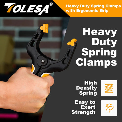 Heavy Duty 4 Inch Spring Clamps Set Of 8 With 30 Lbs Clamping Force, deep throat nylon wood clamp in hand for woodworking and DIY use