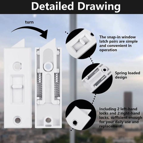 Spring Loaded Window Tilt Latch Locks Replacement For Sliding Windows Plastic Hardware 3 By 1 Inch White 40 Piece Set Two Inch Hole Center Spacing Screws Not Included detailed drawing with labeled parts facing view