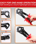 Heavy Duty Ratcheting Cable Cutter For Copper And Aluminum Wires Up To 240 Square Millimeters Clean No Crush Cuts Smooth Operation Pro Grade Hand Tool shown in hand for easy one-hand operation