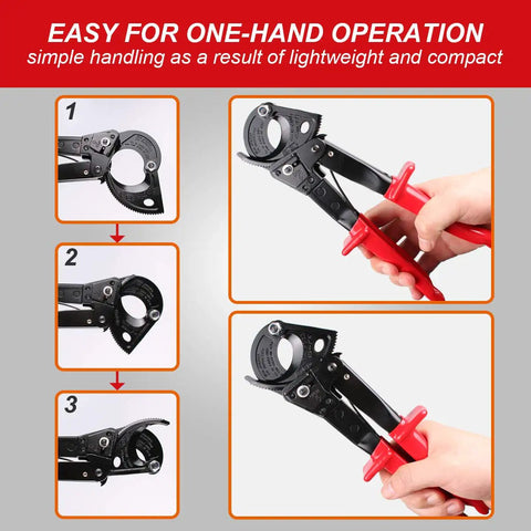 Heavy Duty Ratcheting Cable Cutter For Copper And Aluminum Wires Up To 240 Square Millimeters Clean No Crush Cuts Smooth Operation Pro Grade Hand Tool shown in hand for easy one-hand operation
