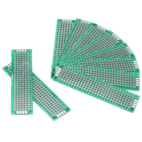 Double Sided PCB Prototype Boards Set Of Ten For DIY Soldering Two By Eight Centimeter FR4 Tin Plated Printed Circuit Boards With 2.54 Millimeter Hole Pitch And 1 Millimeter Holes Great For Microcontroller Makers Amplifiers And Sensor Builds arranged in a fan shape