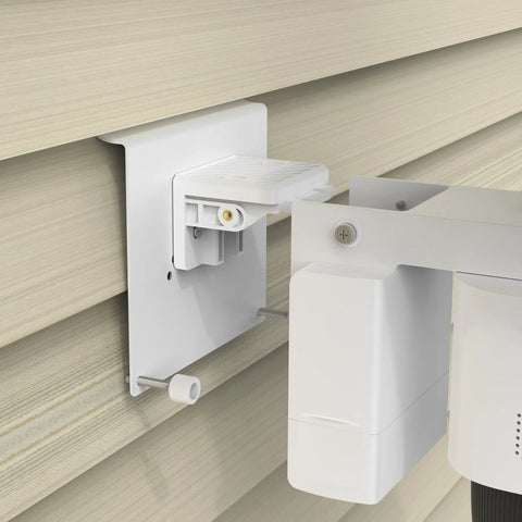 Slick No Drill Vinyl Siding Mount Clip For Eufycam S4 Security Camera mounted on vinyl siding with utility screws visible.