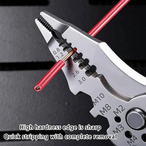 Close-up of All In One Wire Stripper With Inductive Voltage Tester Pro Grade Electrician Cutting Tool stripping red wire
