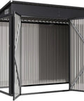 4x8 Outdoor Storage Shed With Triple Lockable Doors Sloping Roof Metal Cabinet For Tools And Bicycles, open front view