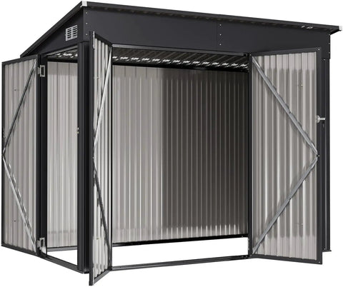 4x8 Outdoor Storage Shed With Triple Lockable Doors Sloping Roof Metal Cabinet For Tools And Bicycles, open front view