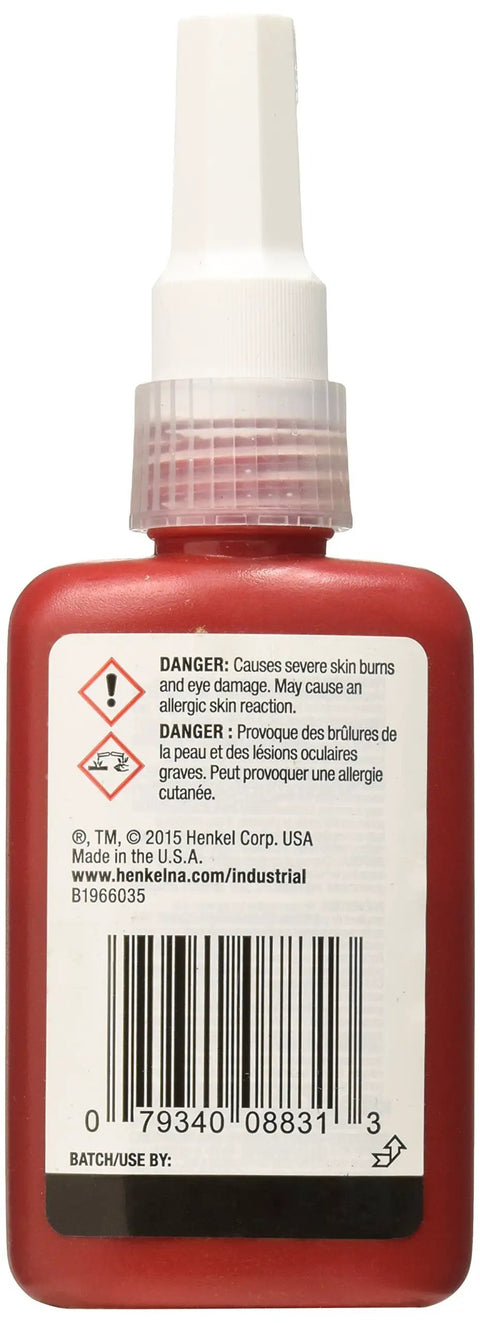 Back view of a 50 ml bottle of Red 088 Letter Grade A High Strength Thread Locker Wicking Grade For Fine Threads, showing label.