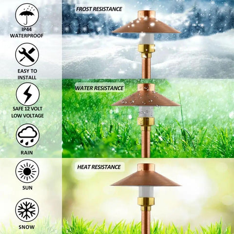 Low Voltage Copper Pathway Light 12V Outdoor LED 4W G4 Bulb Included Warm White Mushroom Landscape Lighting with weather resistance