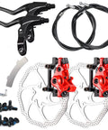 All In One Bike Front And Rear Disc Brake Kit With Calipers, 160mm Stainless Rotors, Cables, Levers And Fixing Screws In Red Finish