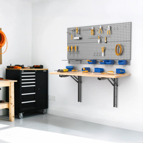 Space Saving Wall Mounted Folding Workbench For Garage And Workshop, Heavy Duty Fold Down Table Desk That Holds Up To 550 Lbs installed