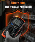 Technician using Digital Multimeter Voltage Tester 2000 Counts For ACDC Voltage with safety features in high voltage area