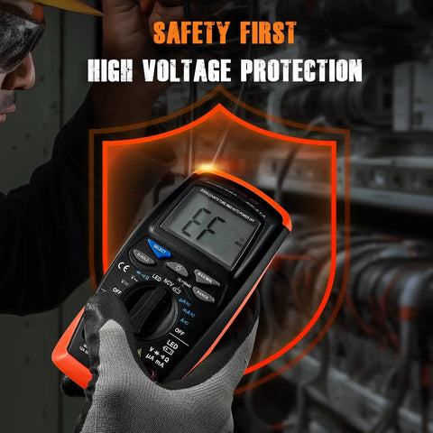 Technician using Digital Multimeter Voltage Tester 2000 Counts For ACDC Voltage with safety features in high voltage area
