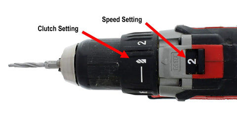 Close-up of a power drill with clutch and speed settings highlighted using 8 Piece Drill Tap Set With 1 Quarter Inch Hex Shank Pro Grade HSS Drill Bits