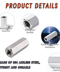 Heavy Duty 304 Stainless Steel M8 X 1.25 Pitch Metric Hex Coupling Nuts 24 Millimeter Long threaded barrel connector close-up