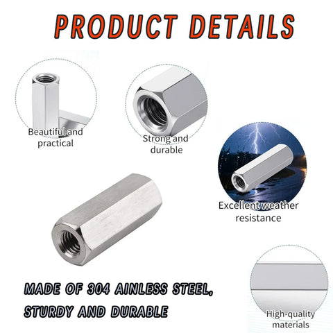 Heavy Duty 304 Stainless Steel M8 X 1.25 Pitch Metric Hex Coupling Nuts 24 Millimeter Long threaded barrel connector close-up