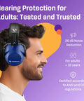 Side view of a man wearing heavy duty hearing protection ear muffs with 26 dB noise reduction; ANSI and CE certified.