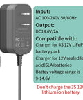 Reliable 14.6 Volt 2 Amp LiFePO4 Battery Charger Featuring Dual Alligator Clips Built Solid For 4S 12V Lithium Iron Phosphate Packs To Wake Up Dead Batteries No Sweat Or Fuss, AC-DC adapter with output specs.