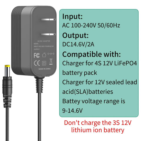 Reliable 14.6 Volt 2 Amp LiFePO4 Battery Charger Featuring Dual Alligator Clips Built Solid For 4S 12V Lithium Iron Phosphate Packs To Wake Up Dead Batteries No Sweat Or Fuss, AC-DC adapter with output specs.