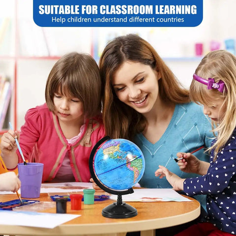 Rotating 6 Inch World Globe With Stand Kid Friendly For Learning Geography in a classroom setting with children and teacher.